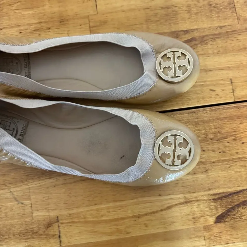 Tory Burch Tan Caroline Nude Ballet Leather Logo Flats Size 7.5